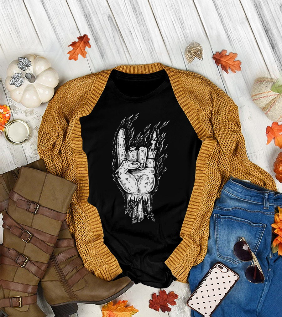 Night Of The Living Death Metal Flame Skull Hand Gesture T-Shirt