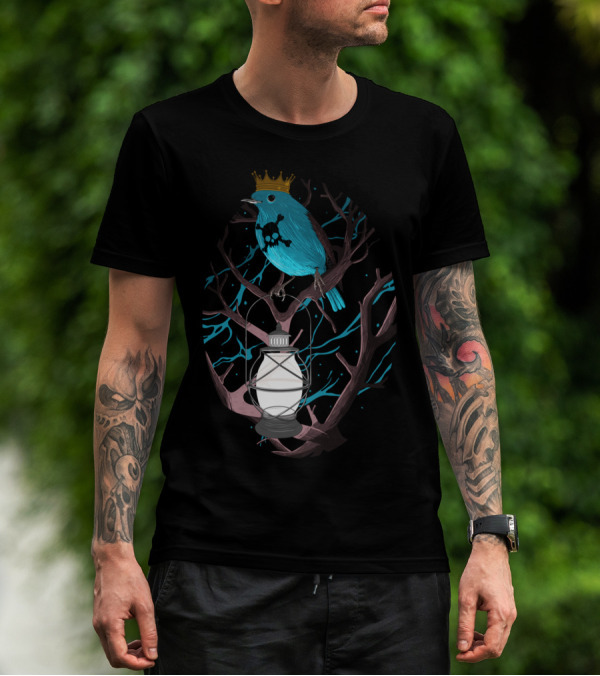 Follow Me Pe Blue Bird With Crown Lantern And Skull Mark T-Shirt