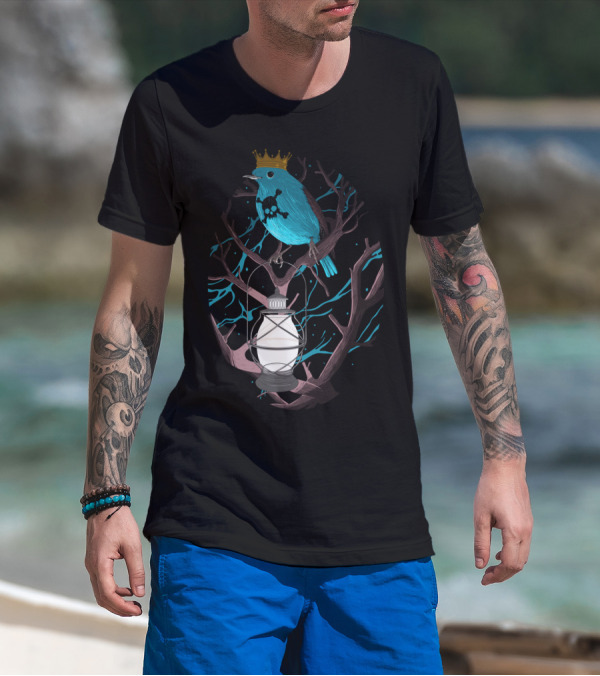 Follow Me Pe Blue Bird With Crown Lantern And Skull Mark T-Shirt