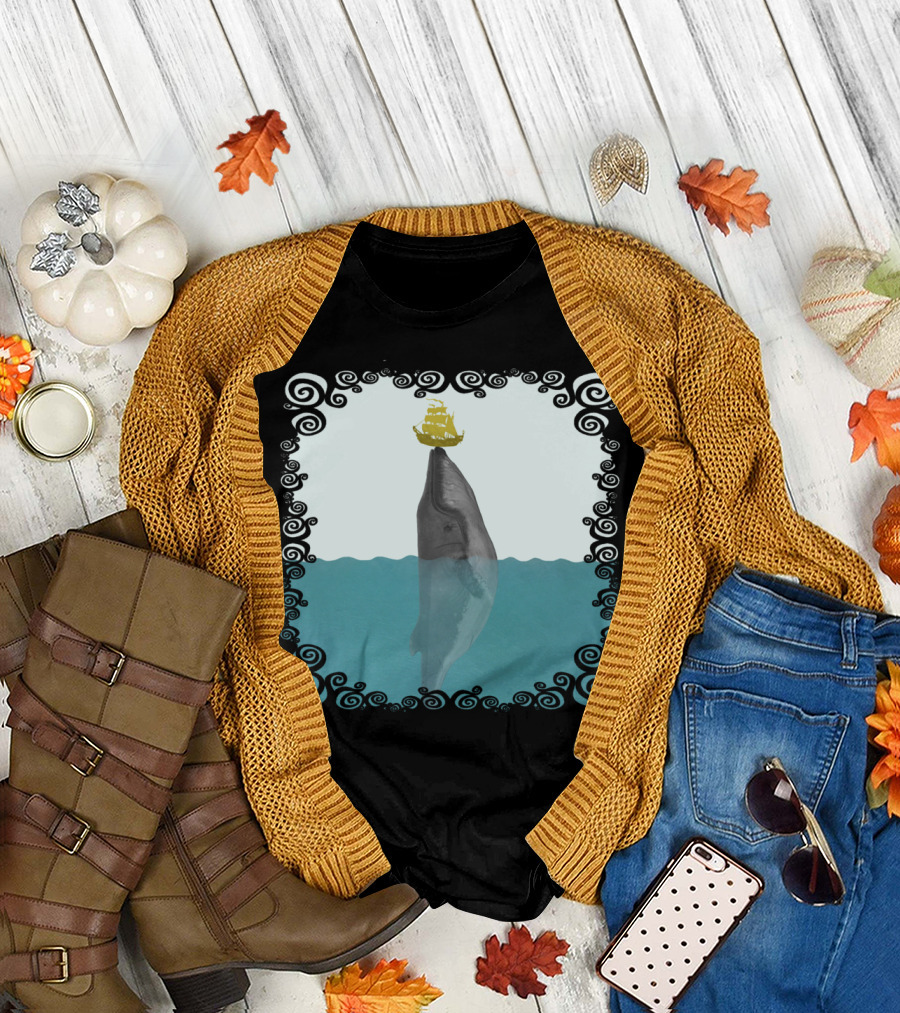 A True Kiss By The Giant Whale With Ship and Ocean Waves T-Shirt