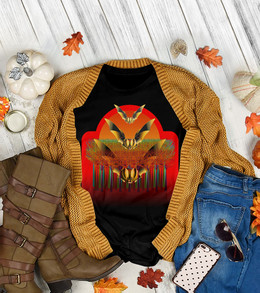 Golden Bats Over Vibrant Red Forest T-Shirt