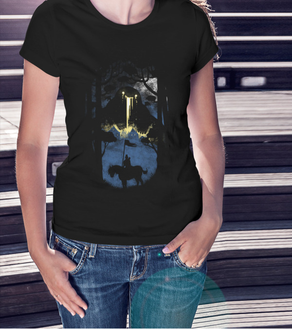 A Very Dramatic Point In A Story: Knight On Horse With Dripping Mountain And Flying Saucers In Dark Forest T-Shirt