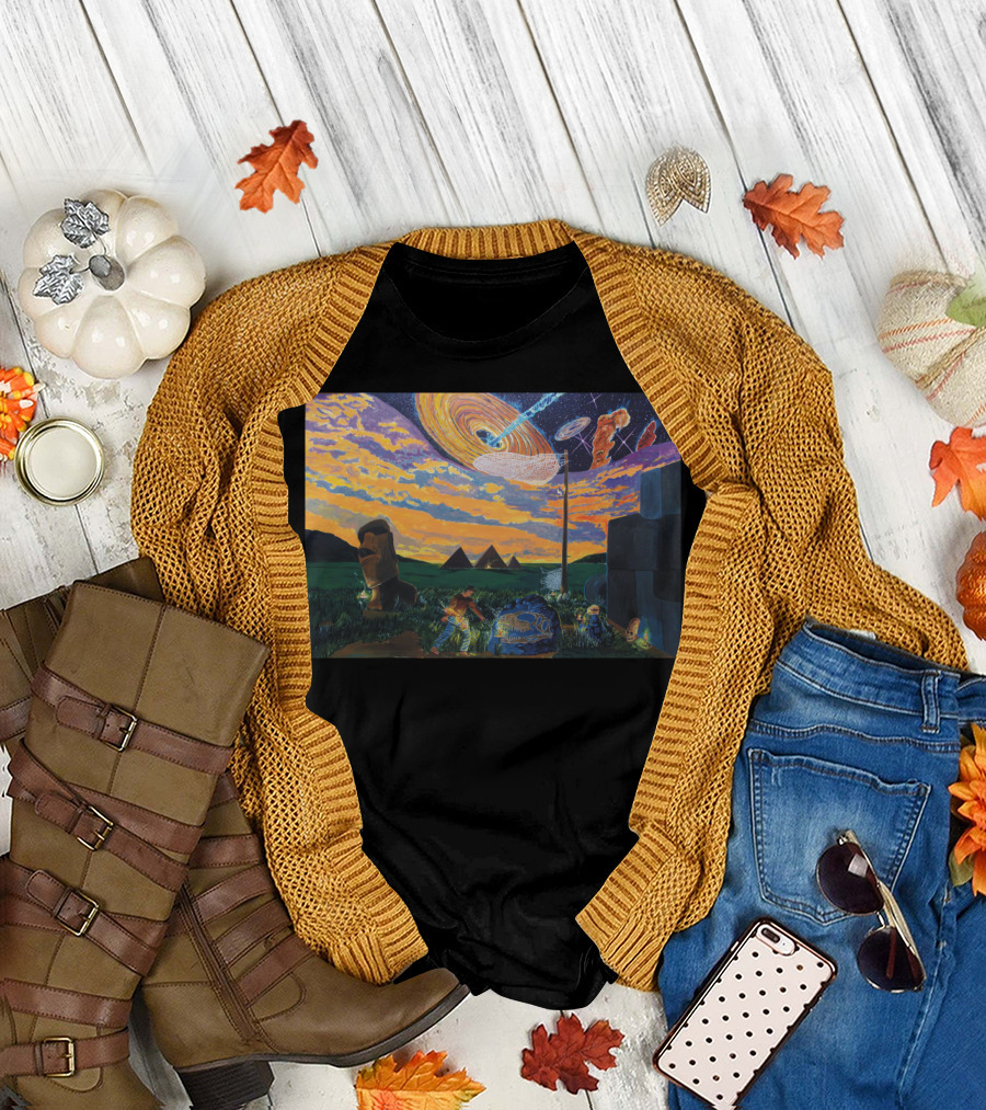 A Walk In The Night Of Times Pyramids Moai Stonehenge Cosmic Sky T-Shirt