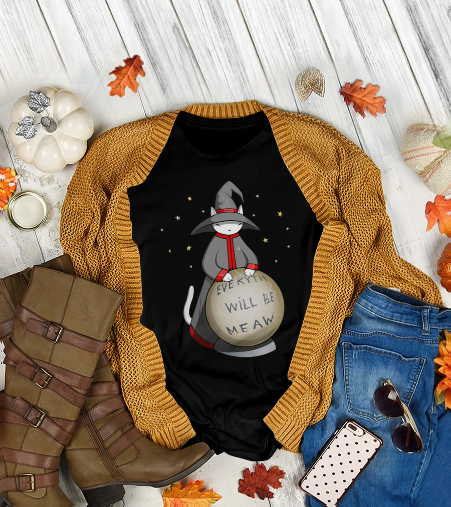 Magic Cat Everything Will Be Meow Wizard Hat and Crystal Ball Stars T-Shirt