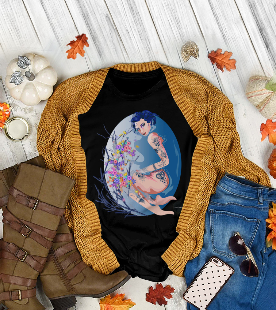 Bathtime Kushinov Tattoo Floral Art with Blue-Haired Figure T-Shirt
