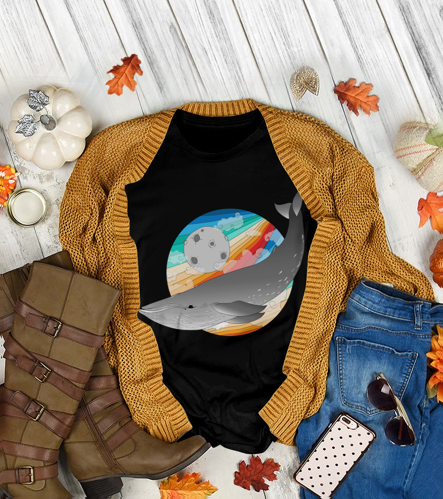 Magic Whale Rainbow Voyage with Moon and Clouds T-Shirt