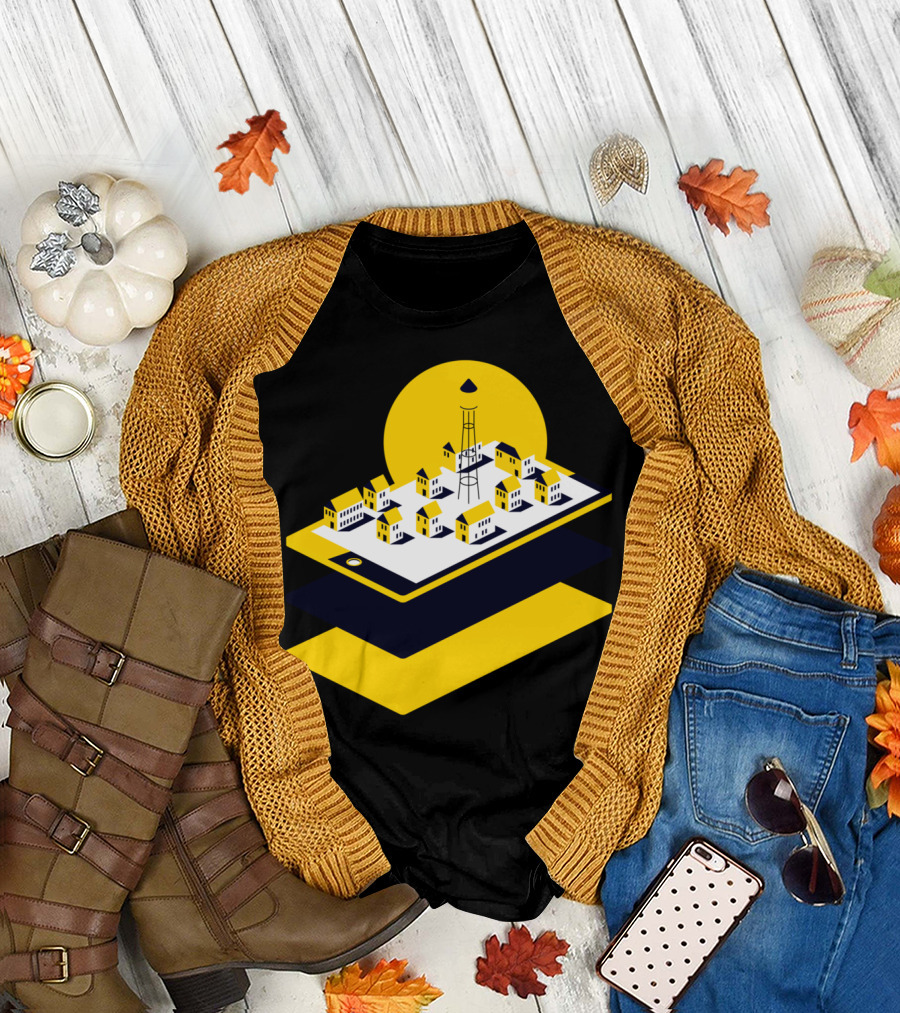 Digital Village Floating Townscape on Tablet with Yellow Sun T-Shirt