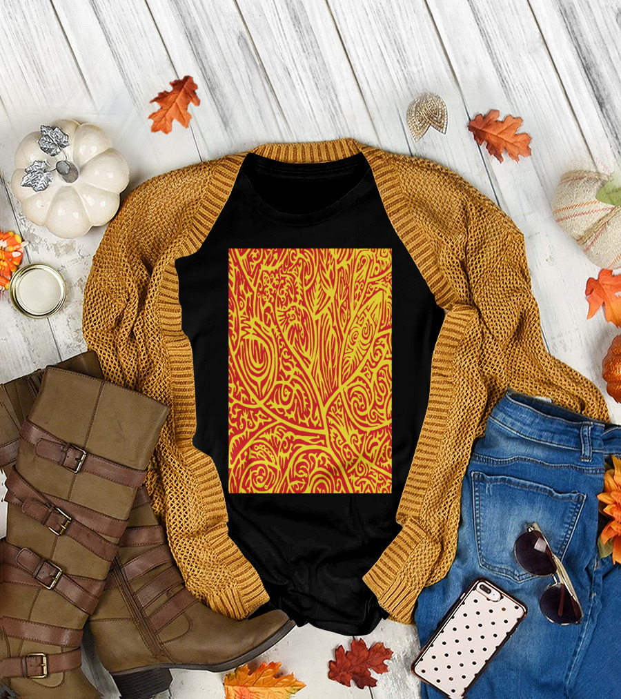 Red and Yellow Abstract Arbor Pattern Leaf Motif T-Shirt