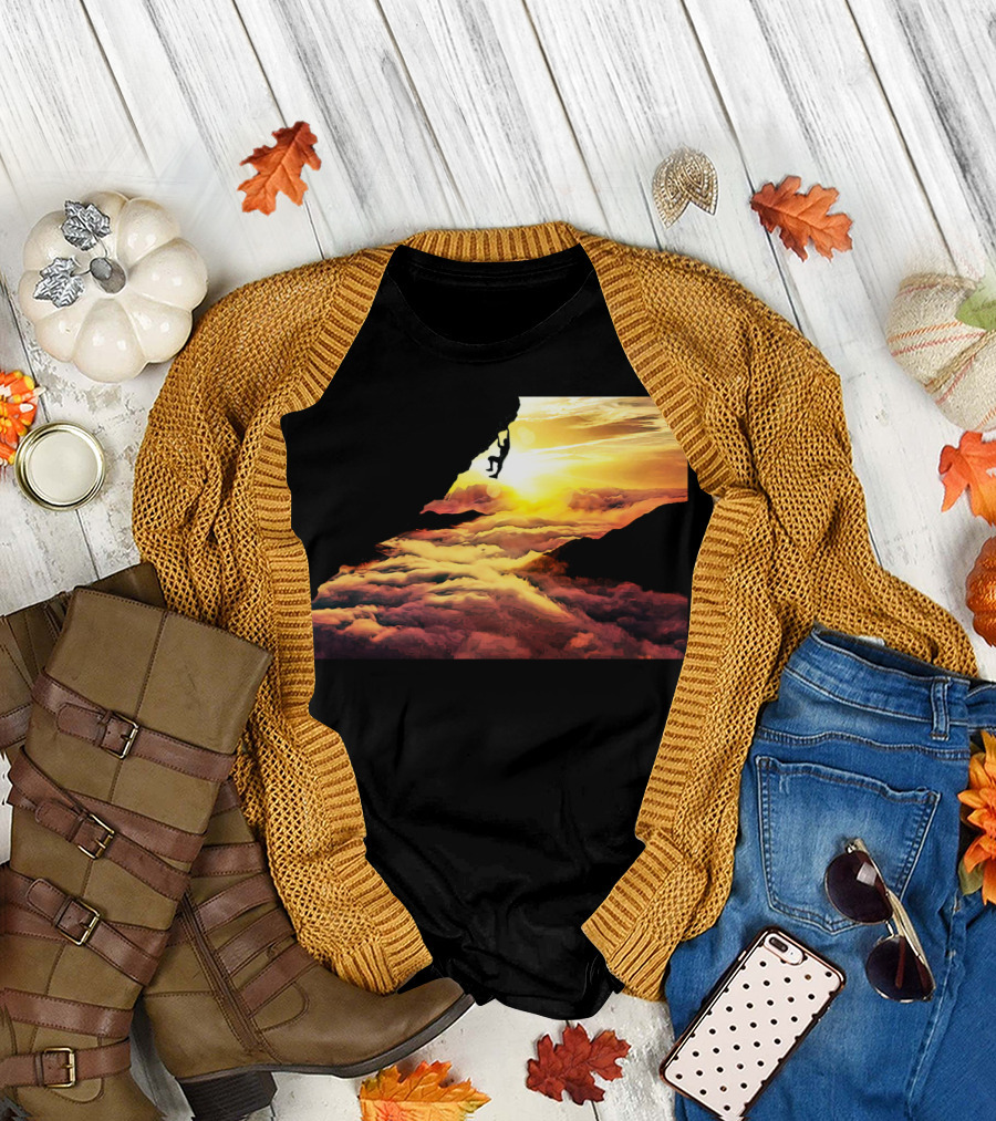 Extreme Climber Silhouette Against Vibrant Sunset and Clouds T-Shirt