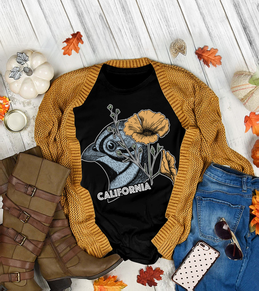 California Pride State Bird and Flower California Quail Poppy T-Shirt