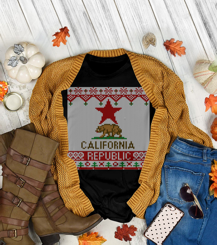 California Republic Ugly Christmas Sweater Style Flag T-Shirt
