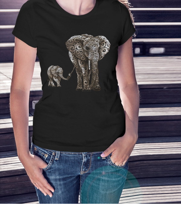 Swirly Elephant Family Ornamented T-Shirt