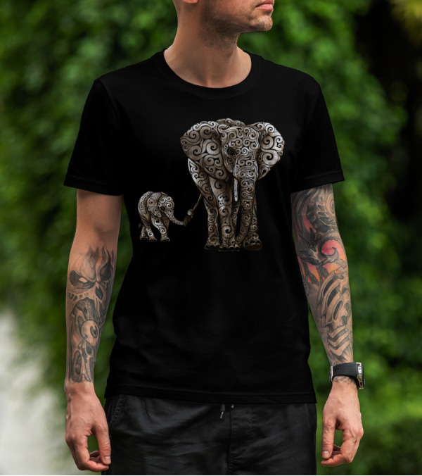 Swirly Elephant Family Ornamented T-Shirt