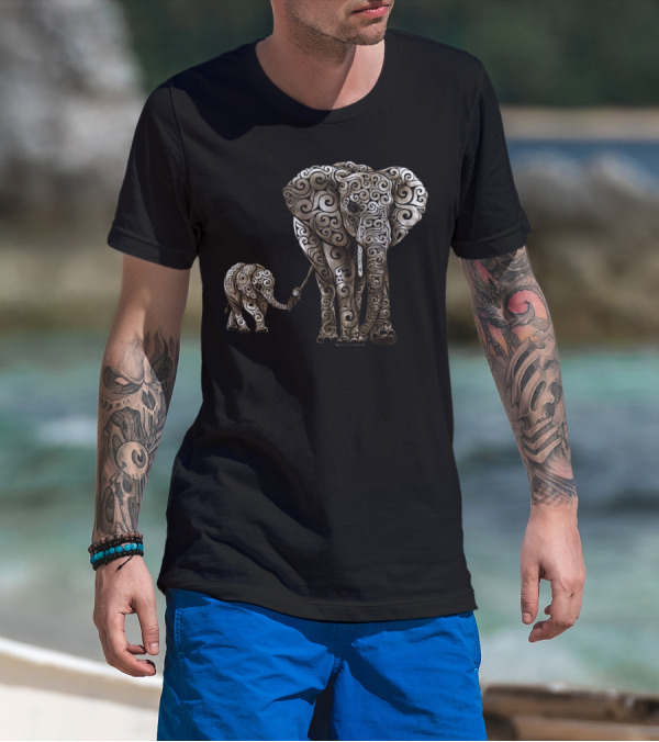 Swirly Elephant Family Ornamented T-Shirt
