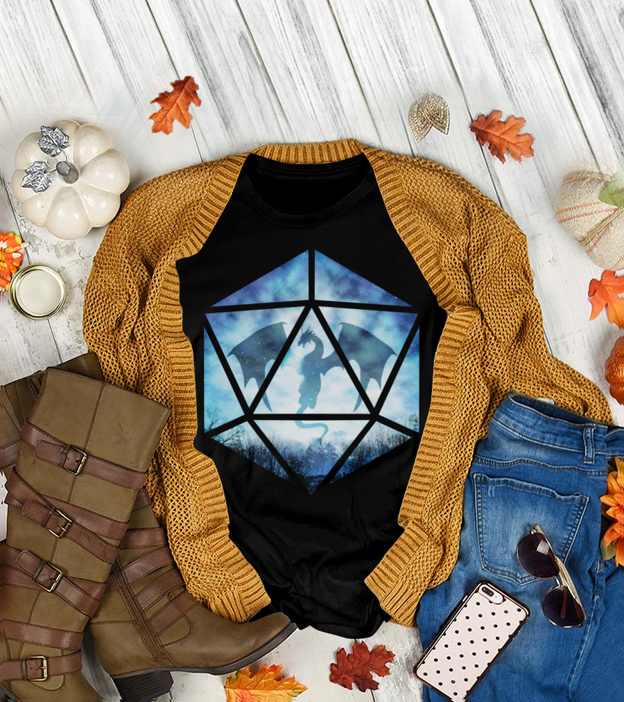 Blue Sky Ice Dragon Dice Silhouette Snowy Night Fantasy T-Shirt