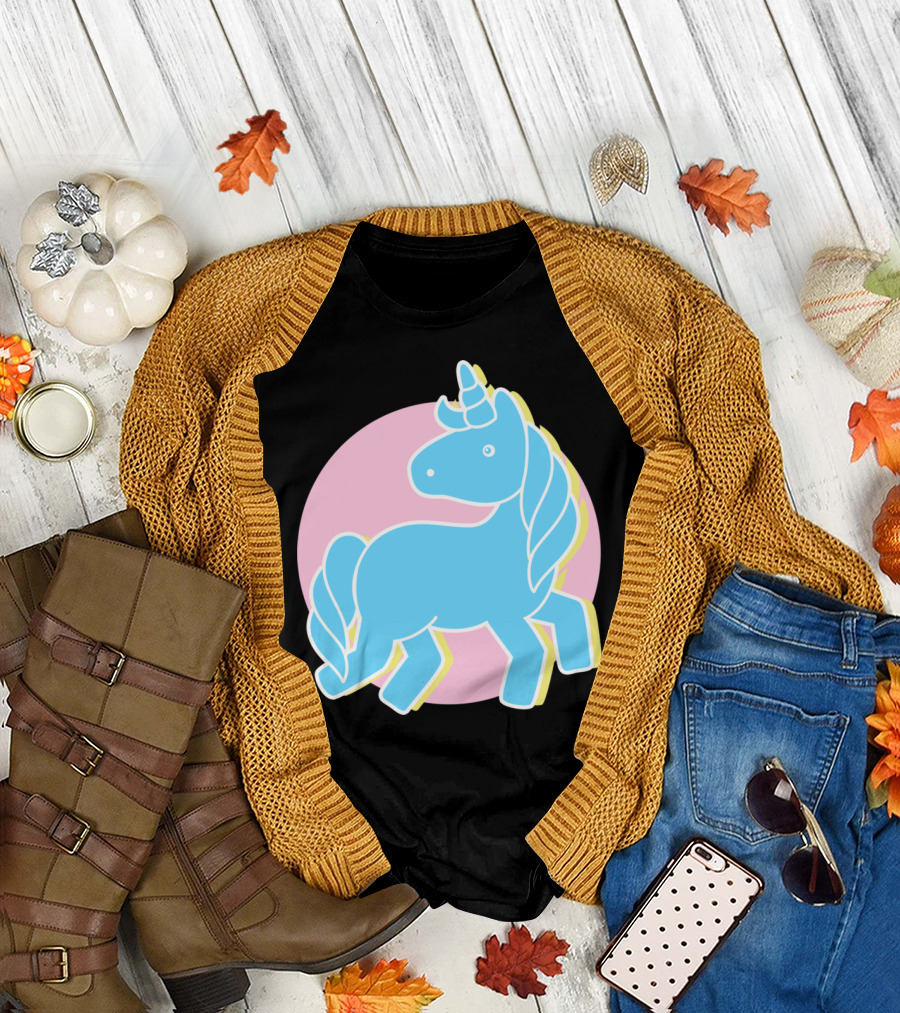 Blue Unicorn in Pink Circle T-Shirt