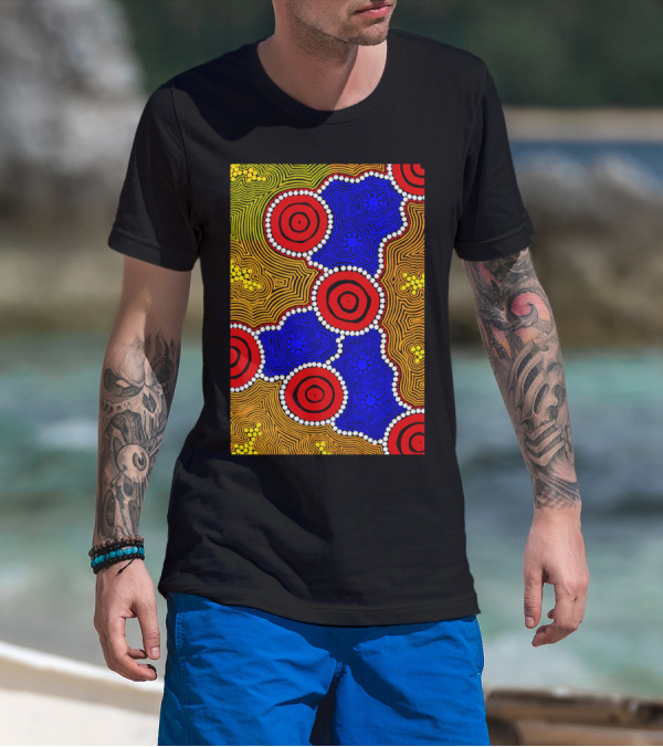 Aboriginal Art Authentic Circles Red Blue Yellow T-Shirt