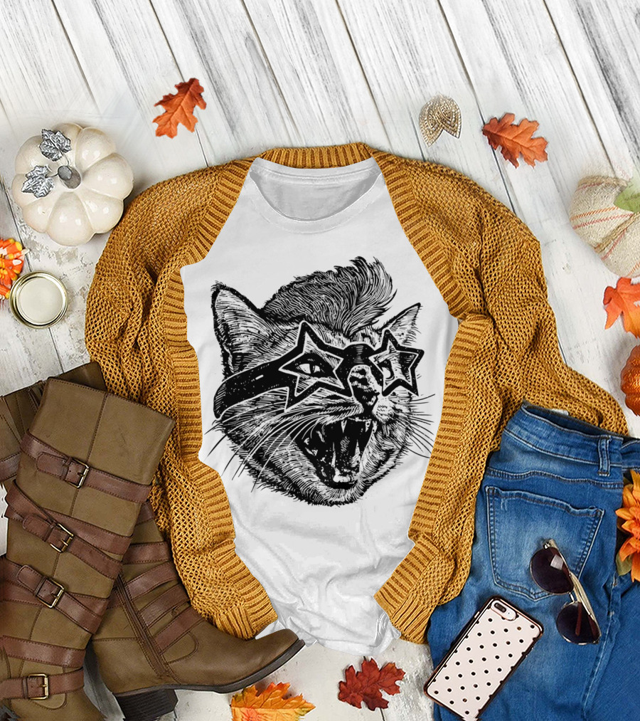Angry Cat Star Glasses Roaring Feline T-Shirt