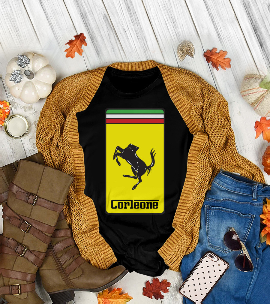 Corleone Ferrari Style Logo Black Horse on Italian Flag Background T-Shirt