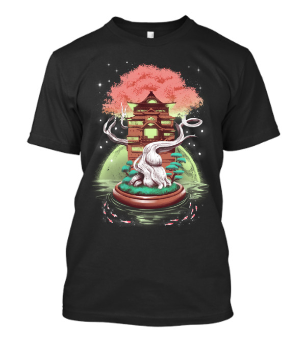 Cosmic Bonsai Tree With Japanese Pagoda And Koi Fish Under Starry Sky T-Shirt