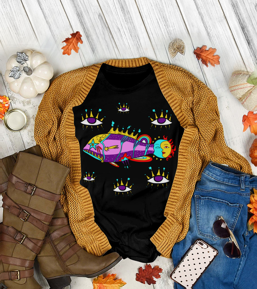 Cosmic Fish Surrounded by Crowned Eyes with Sun and Moon Faces T-Shirt