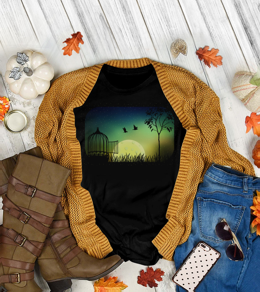 Released to Moonlight Open Cage Birds Fly Free Under Starry Night Sky T-Shirt