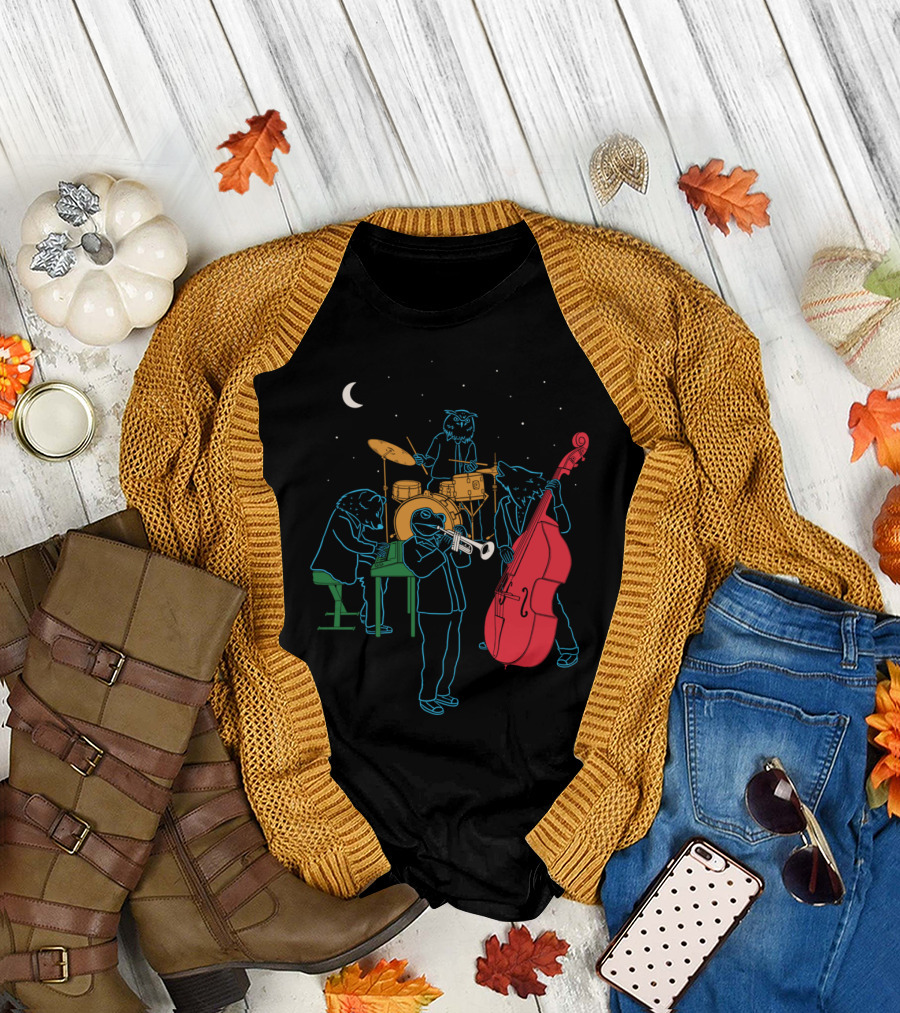 Animals Playing Jazz Under Moon and Stars T-Shirt
