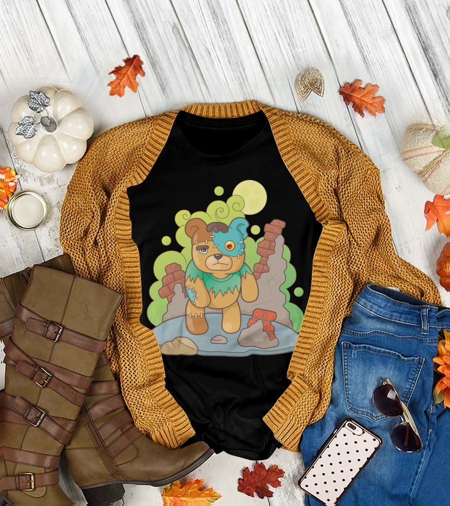 Frankenstein Patchwork Bear with Ruins and Full Moon Background T-Shirt
