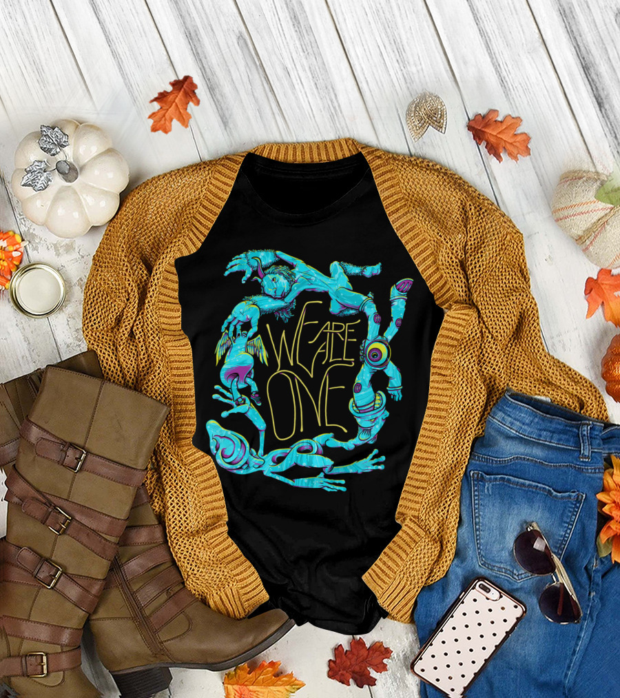 We Are All One Psychedelic Figures Mid-Century Style with Neon Fantasy Creatures T-Shirt
