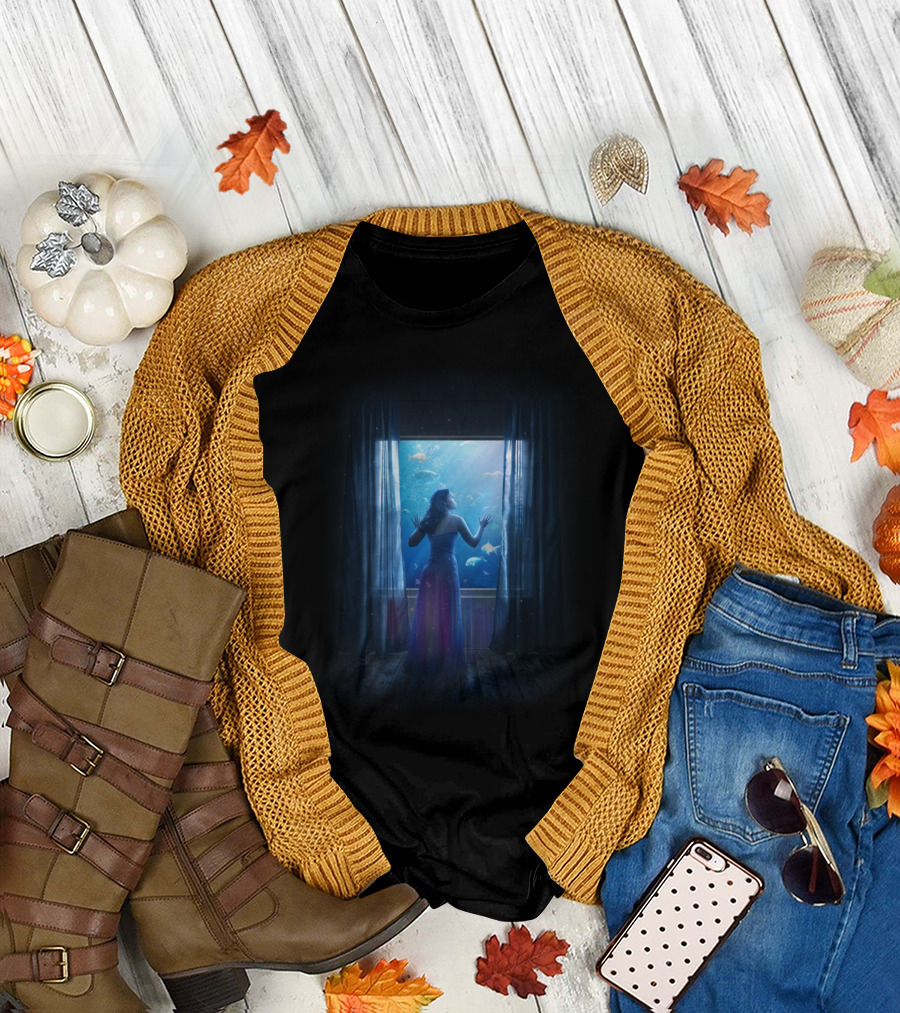 Counfused Woman Gazing at Underwater World Through Window T-Shirt