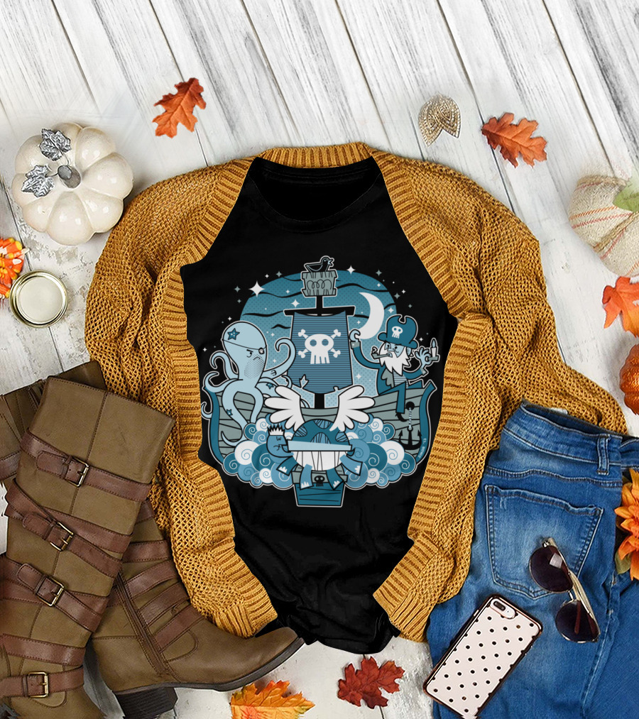 We Meet Again Pirate Ship Adventure with Octopus and Skull Symbols T-Shirt