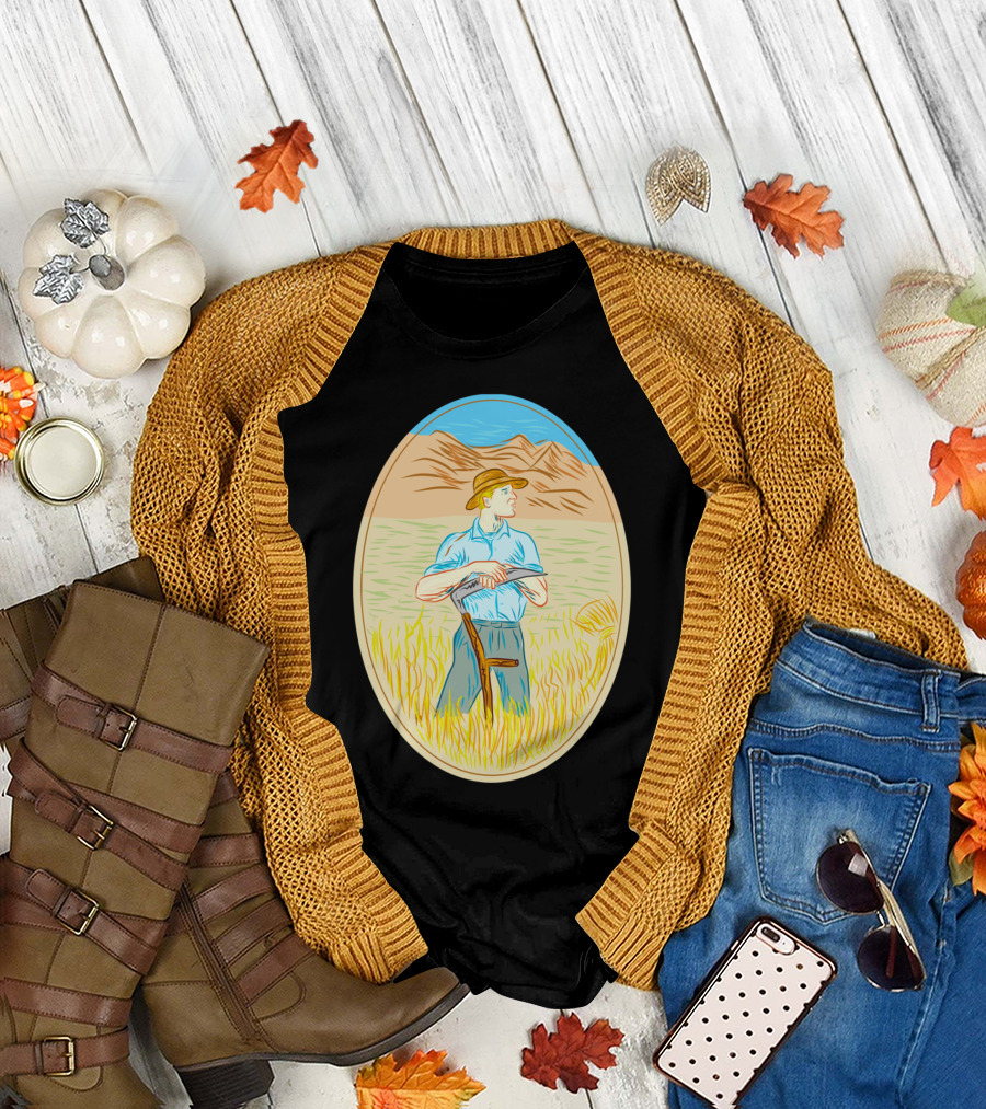 Wheat Organic Farmer Scythe Oval Vintage T-Shirt