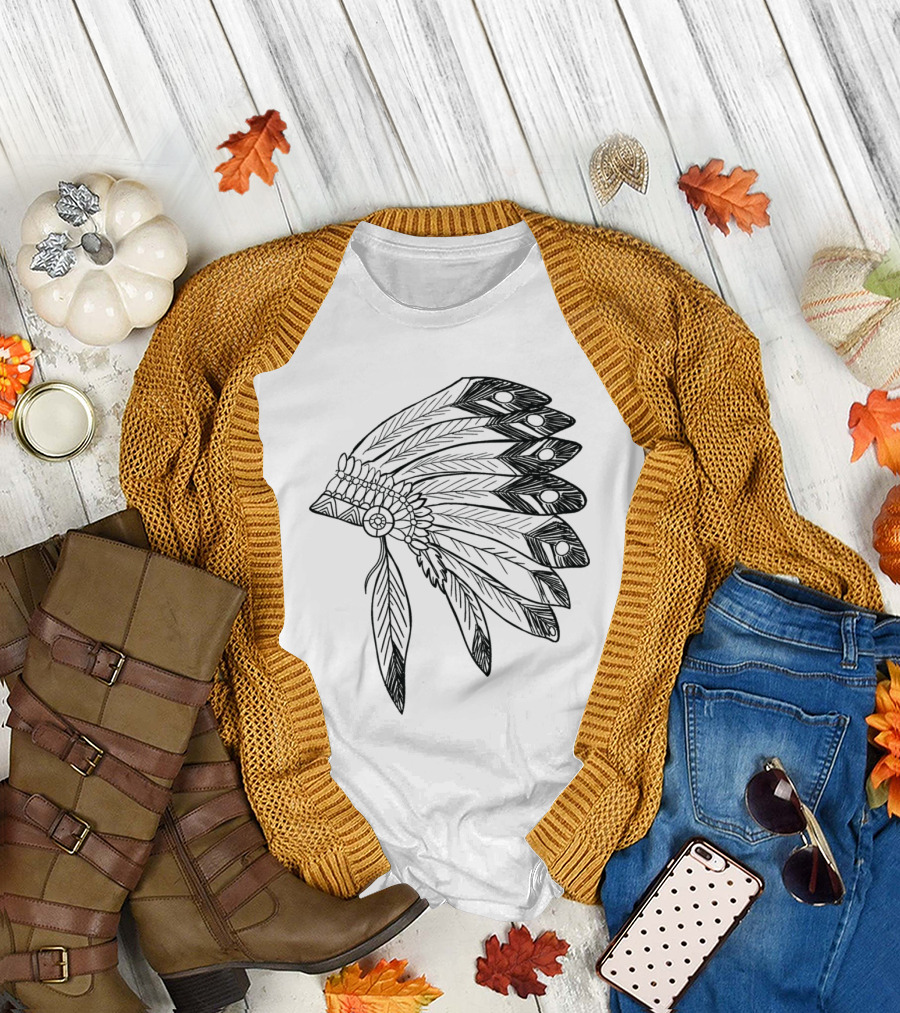 Apache Lescap Feathered Headdress Drawing T-Shirt
