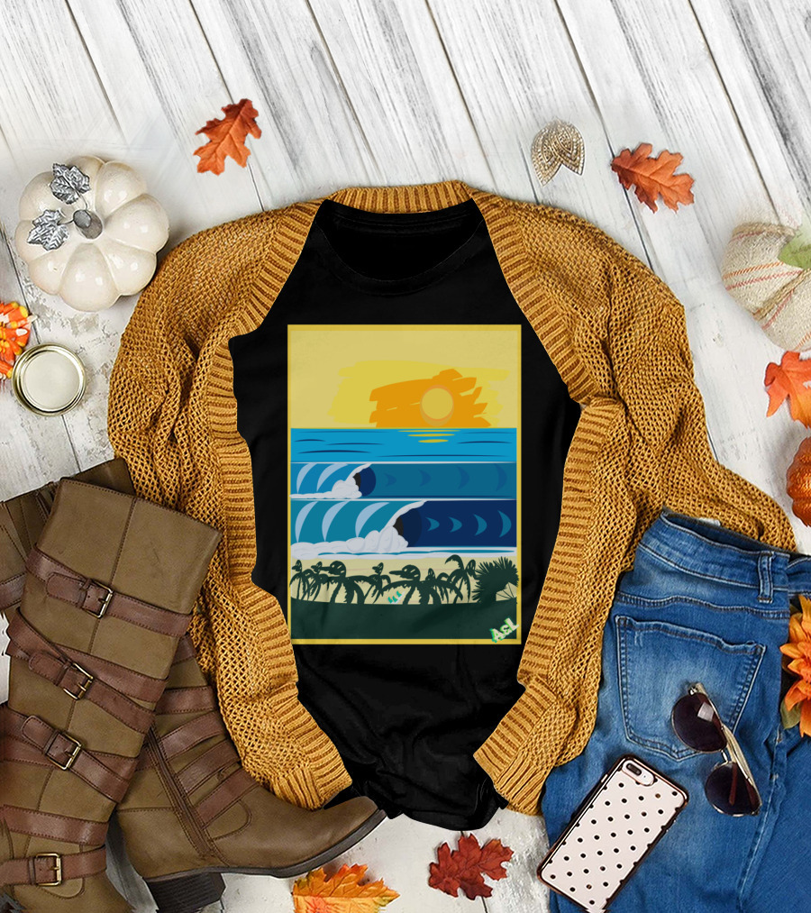 Beach Sticke Waves Surf Palms Sunset Ocean Scene T-Shirt