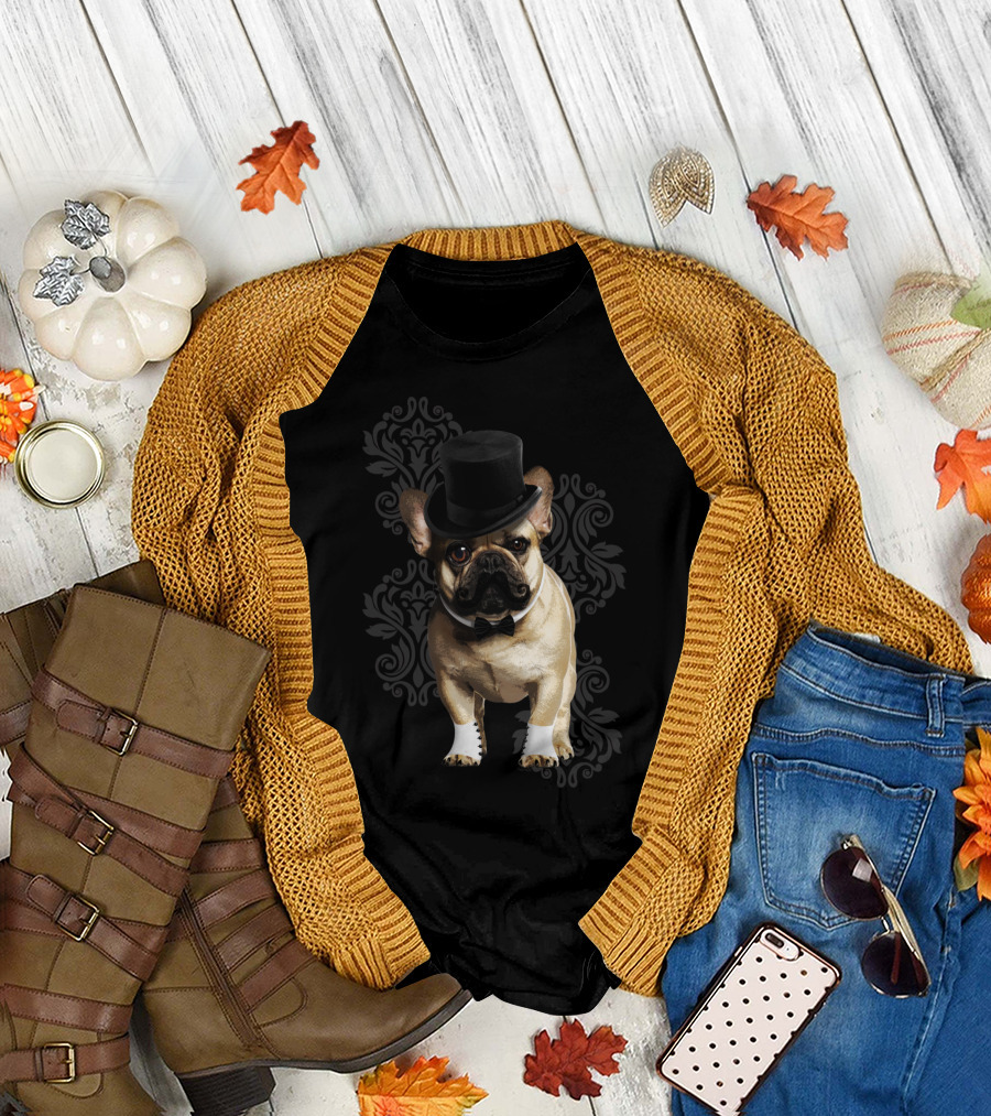 Dog Dandy French Bulldog Black Top Hat Bow Tie T-Shirt