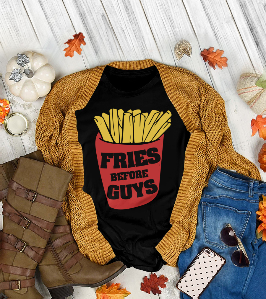 Fries Before Guys Feminist Fast Food Iconic Phrase Red French Fry Container T-Shirt