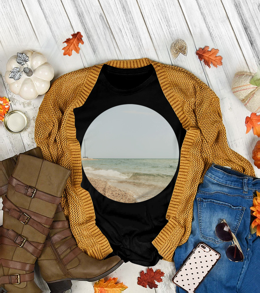 Beachscape Ocean Tranquility Pebble Shoreline with Sailboat T-Shirt
