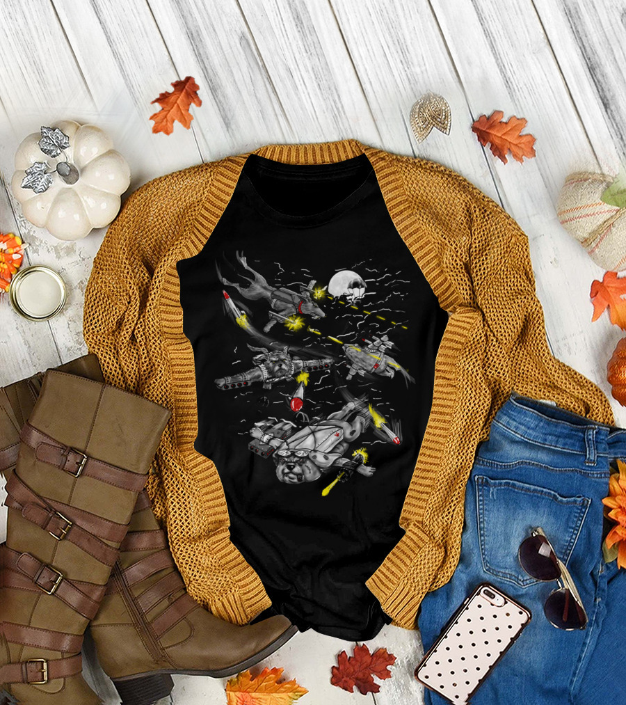 Dog Fight Jetpack Canine Battle Under Full Moon with Rockets and Fighter Planes T-Shirt