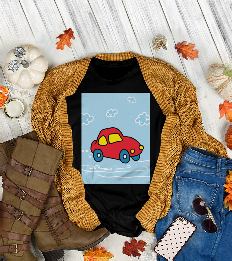 Red Cartoon Car in Cloudy Sky Scene with Blue Wheels and Yellow Windows T-Shirt