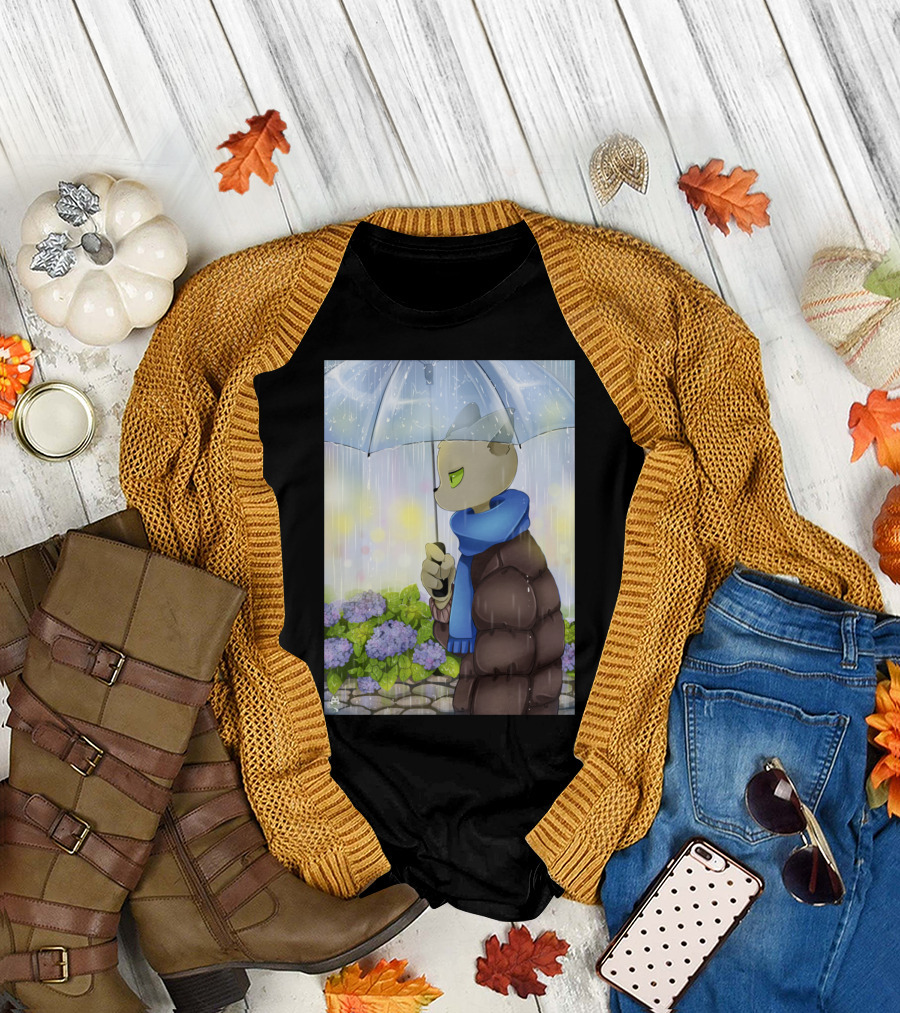 Rainy Day Teacher Cat with Blue Scarf and Umbrella T-Shirt