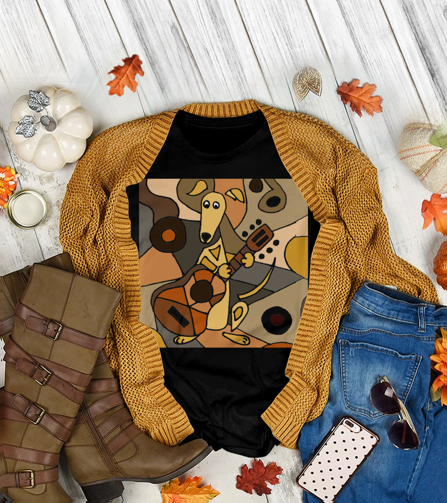 Funky Greyhound Dog with Guitar in Abstract Cubist T-Shirt