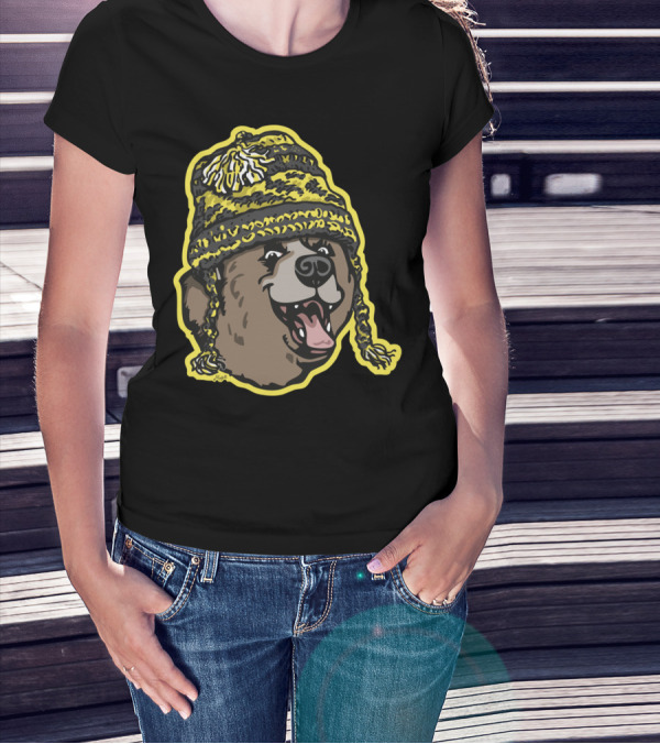 Bear Wearing Black And Gold Beanie With Pom-Poms T-Shirt