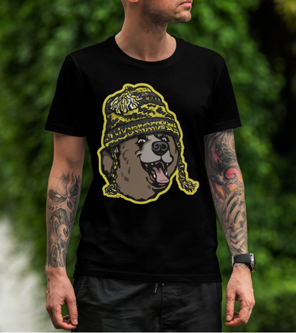 Bear Wearing Black And Gold Beanie With Pom-Poms T-Shirt