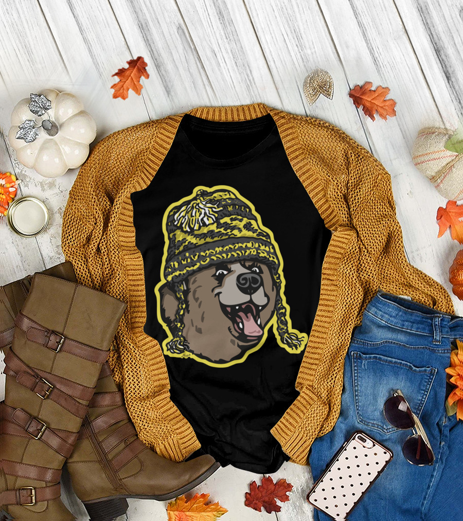 Bear Wearing Black and Gold Beanie with Pom-Poms T-Shirt