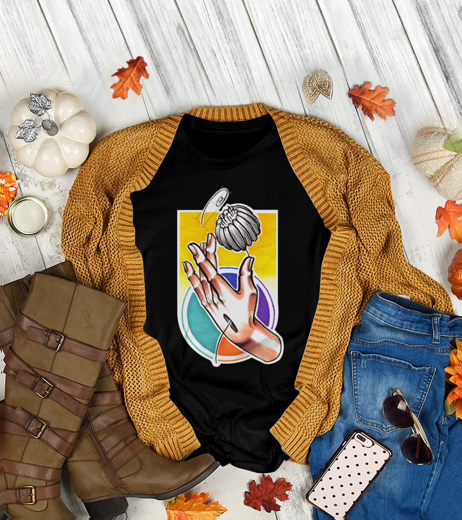 Creative Hands Holding Enchanting Flower with Colorful Geometric Backdrop T-Shirt