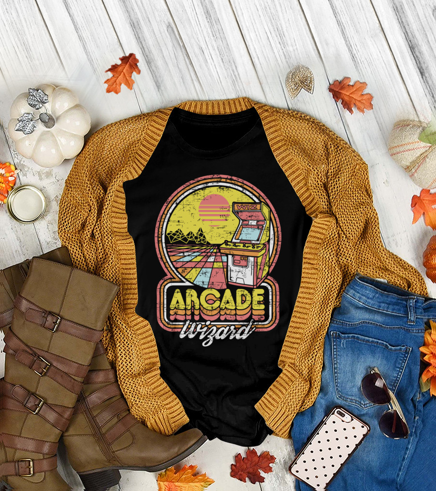 Arcade Wizard Retro Sunset Wiz Machine T-Shirt