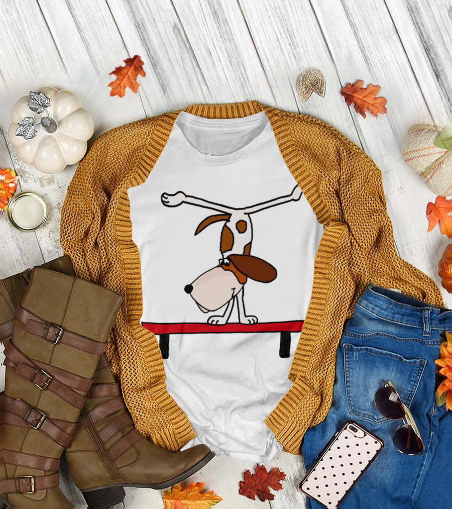 Basset Hound Performing Handstand on Balance Beam Gymnastics Humor T-Shirt
