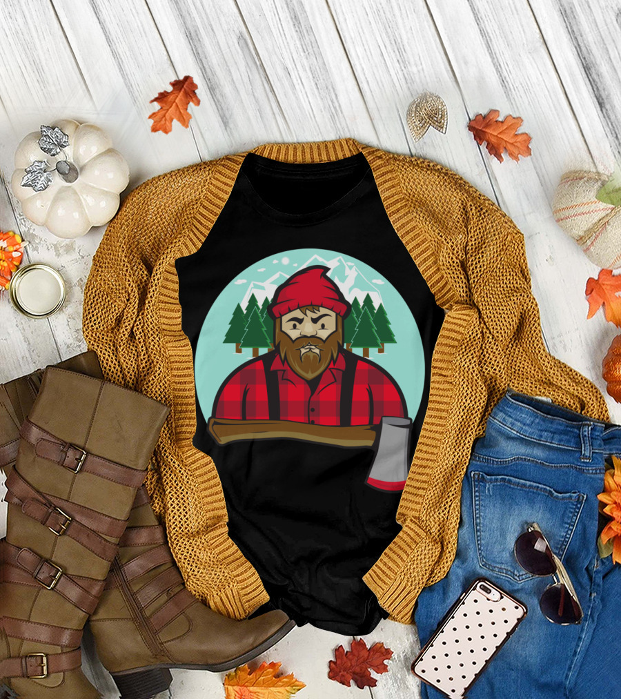 Bearded Lumberjack with Axe and Mountain Forest Background T-Shirt