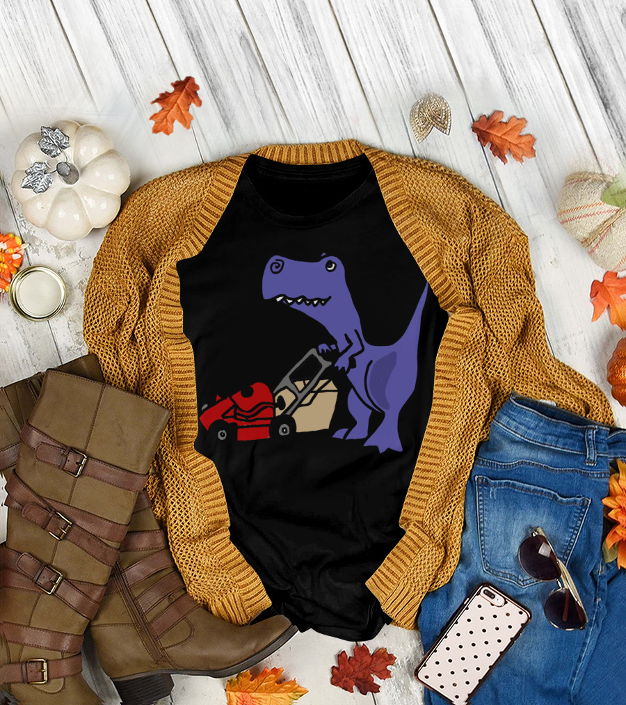 Funny Cool Rex Dinosaur Pushing Lawn Mower T-Shirt