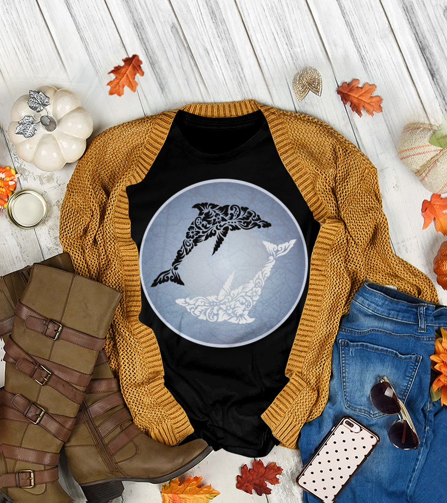 Dolphin Yin Yang Floral Ornament Circular T-Shirt
